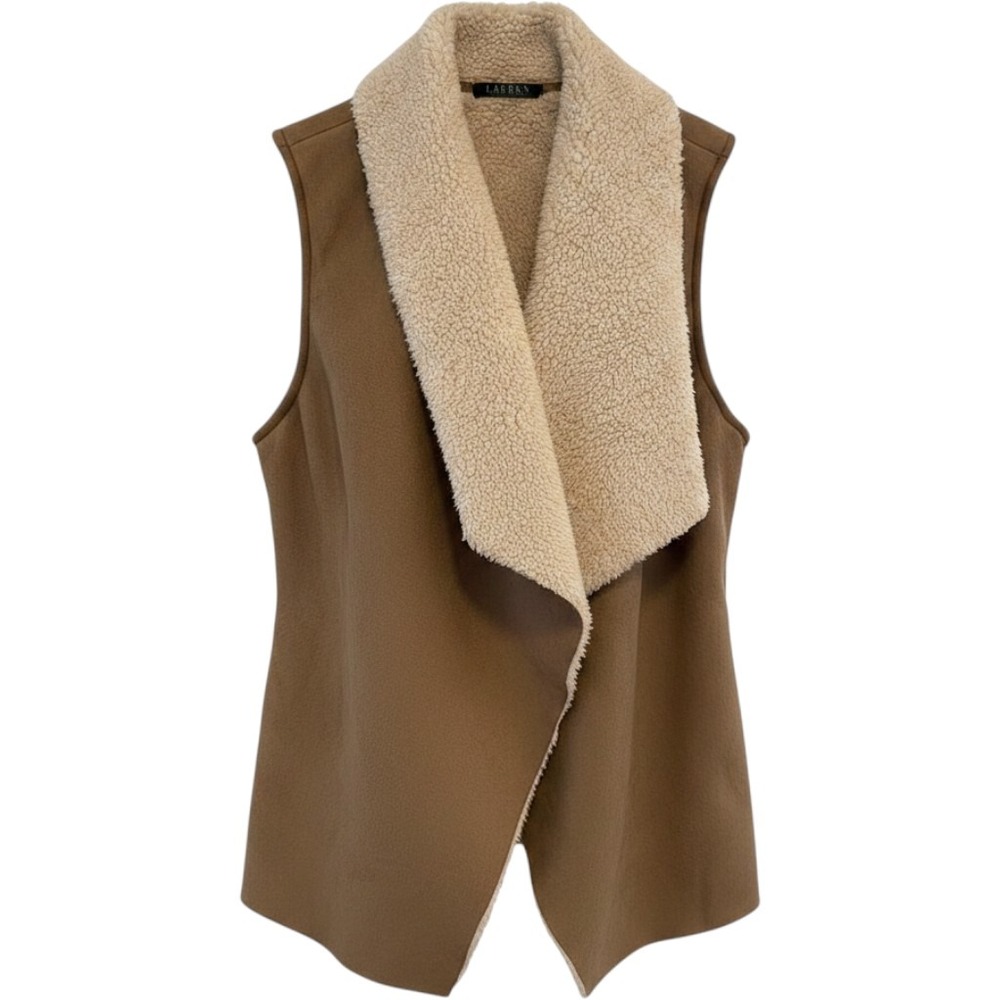 Lauren Ralph Lauren Faux Suede Shearling Draped Open Front Vest Brown Tan